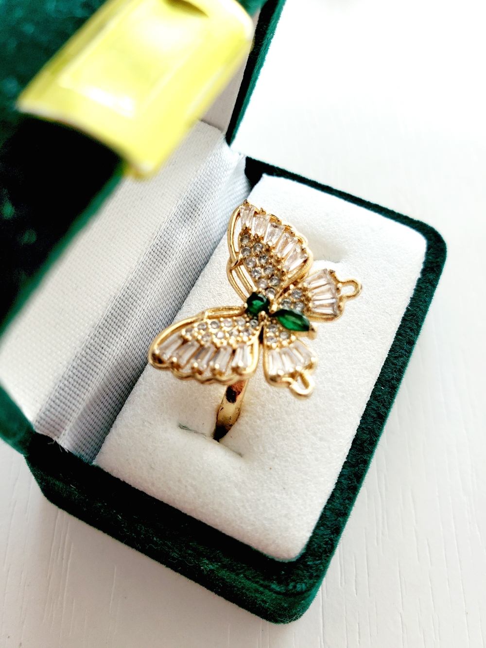 Gold Butterfly Ring Clear CZ Rhinestone Green Emerald Accent Adjustable Open Cuf